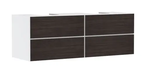 Waschtischunterschrank von Hansgrohe mit vier Schubkästen in Mattweiß und Holzoptik, geeignet für Aufsatzwaschtische. Klares, funktionales Design ohne sichtbare Griffe.